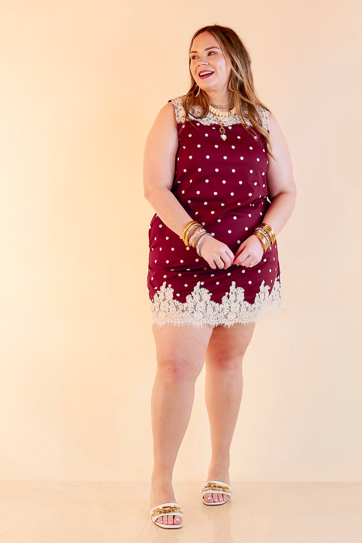 Lovely Little Details Polka Dot Lace Trim Sleeveless Shift Dress in Maroon and Ivory