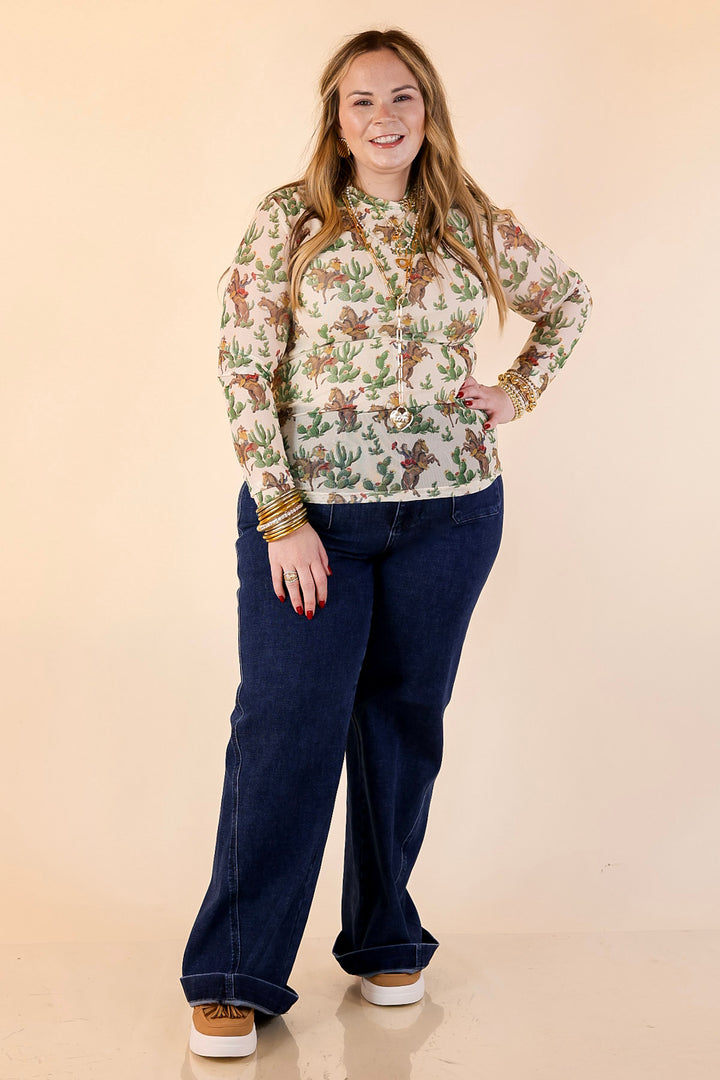 Western Dream Cowboy and Cacti Print Long Sleeve Mesh Top in Ivory