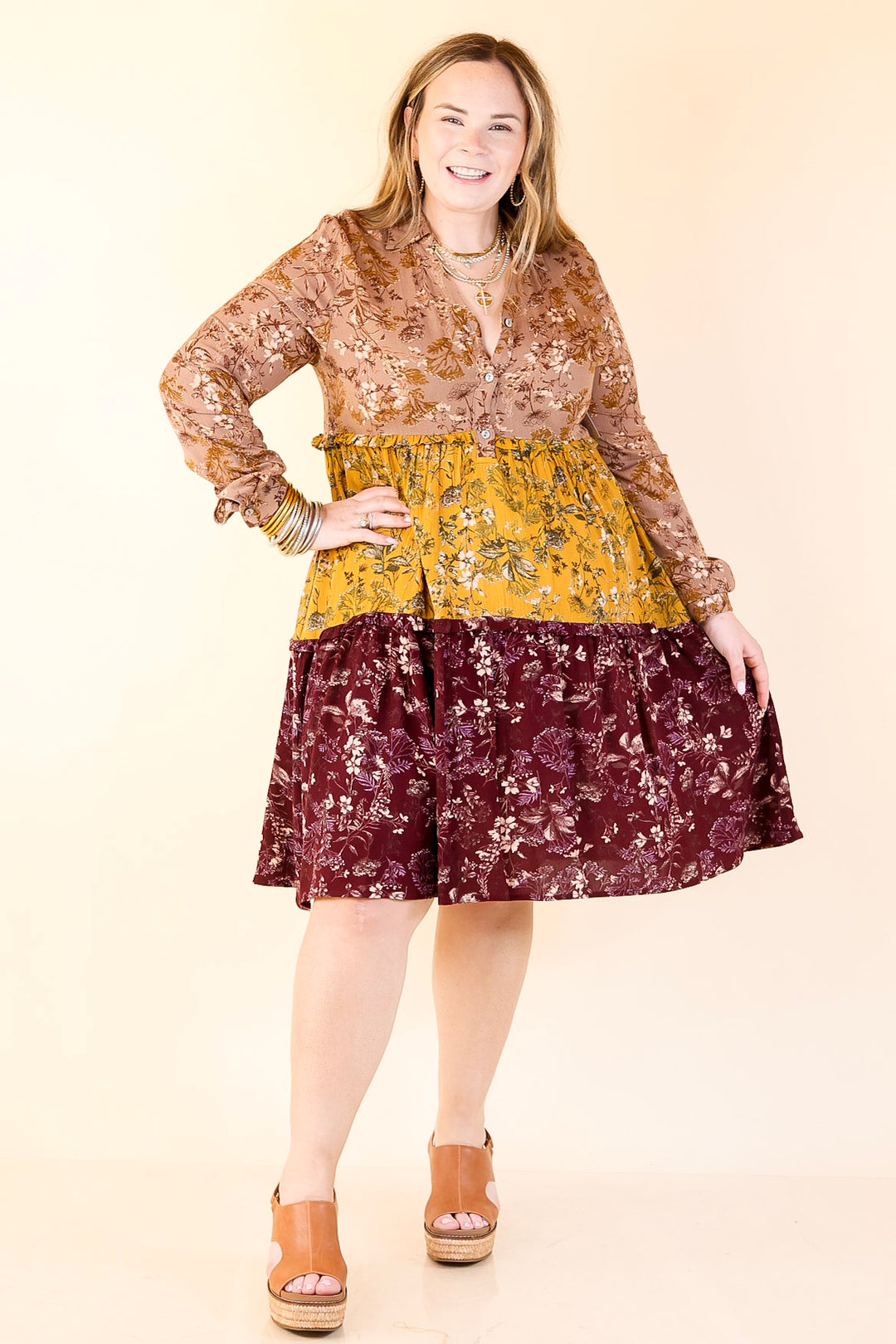 Among the Flowers Floral Ruffle Tier Long Sleeve Dress in Taupe, Mustard, and Burgundy