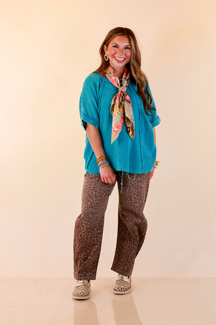 Everyday Ease Short Sleeve Linen Top with Raw Hem Edges in Turquoise Blue