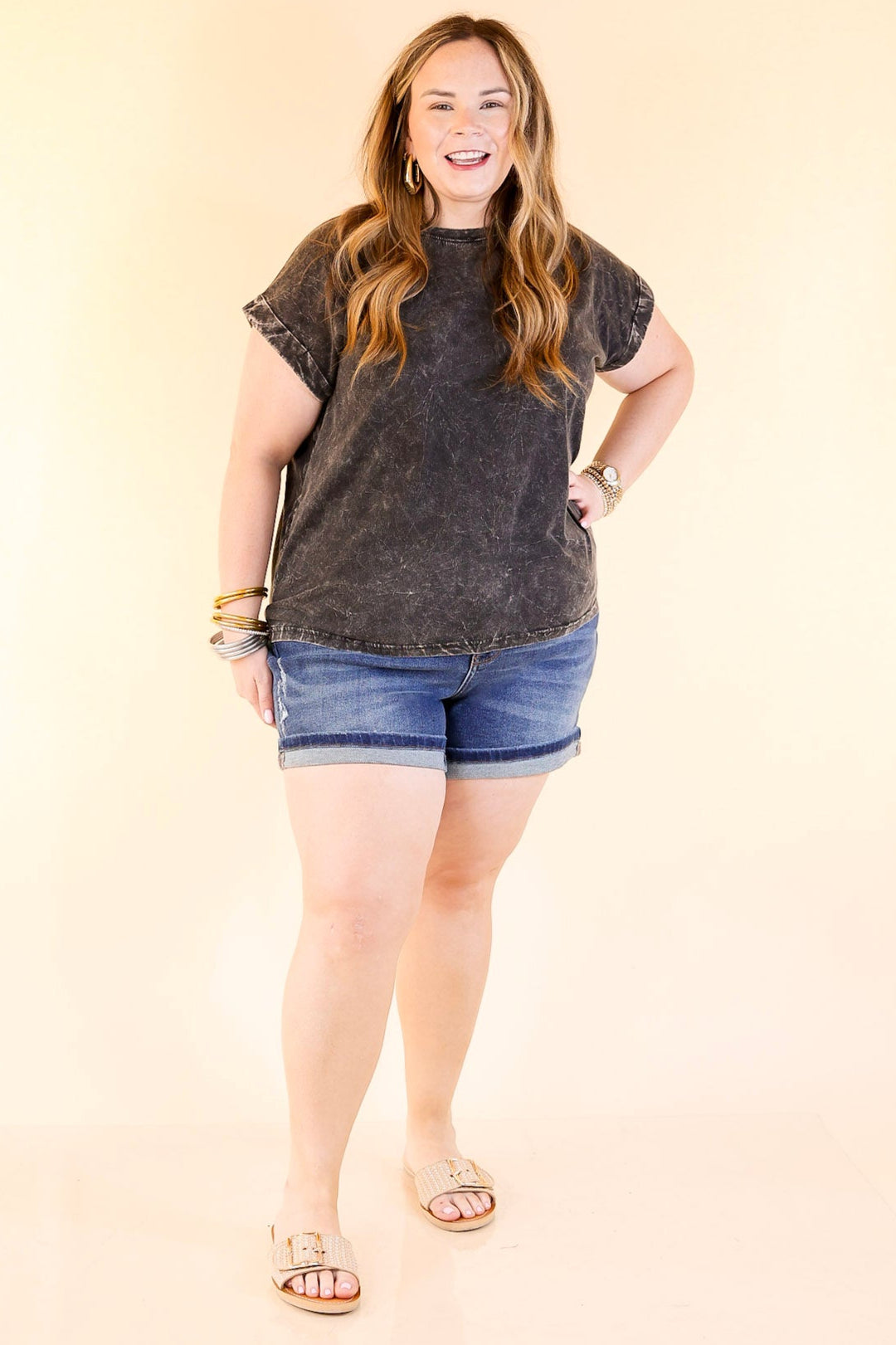 Judy Blue | Hidden Twist Denim Dad Distressed Shorts with Phone Pocket in Dark Wash