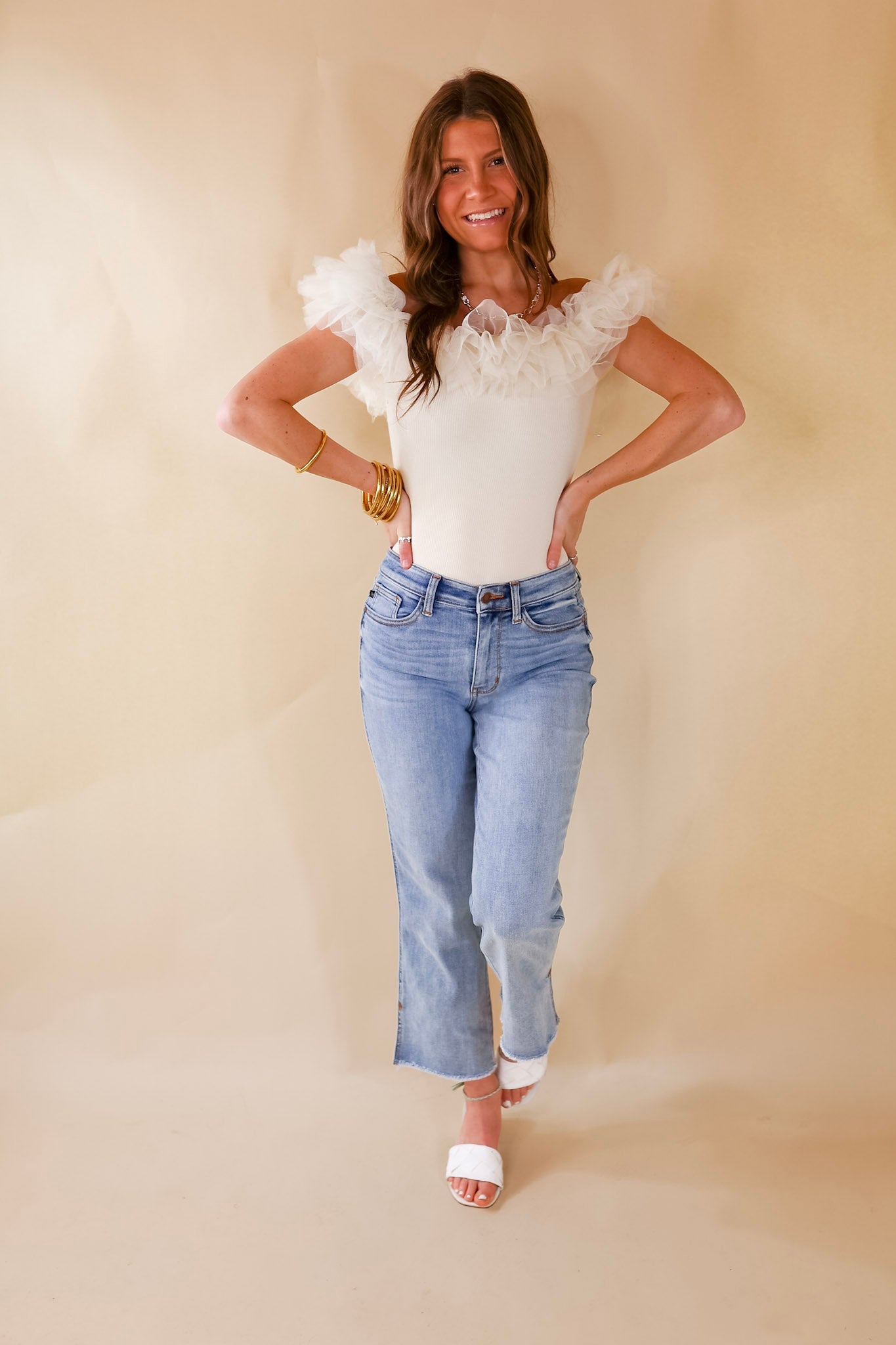 Pose For The Camera Tulle Upper Bodysuit in Cream - Giddy Up Glamour Boutique