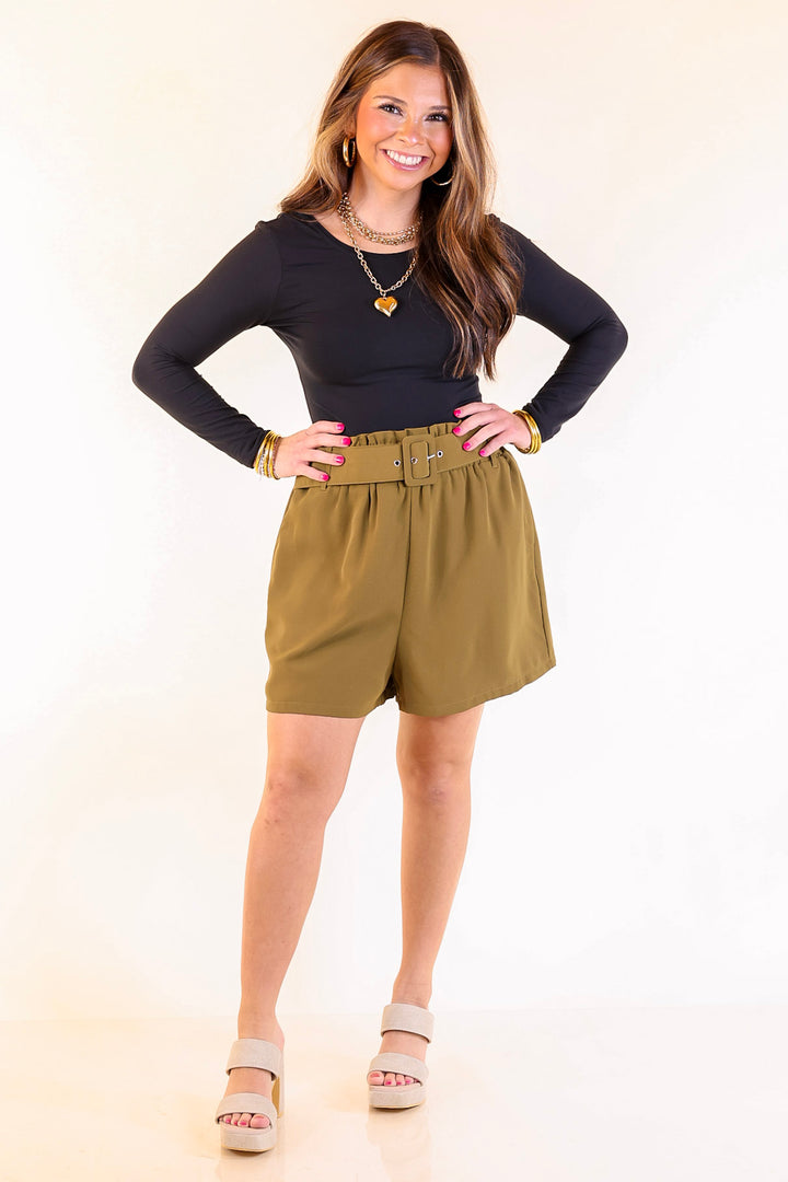 Fine Like Wine Belted Solid Shorts in Olive Green