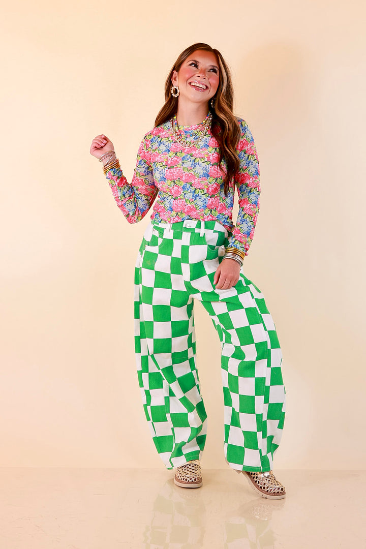 The Essential Layer Hydrangea Floral Print Sheer Mesh Long Sleeve Top in Pink, Blue and Green