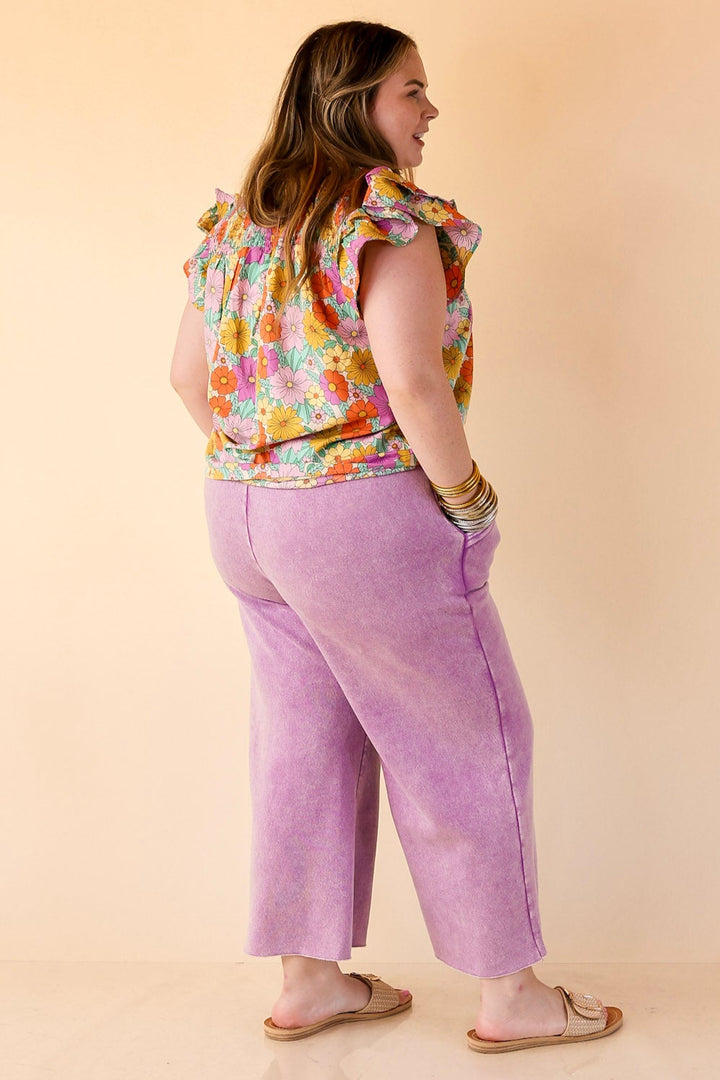 Cozy Girl Cropped Acid Washed Drawstring Pant in Violet Magenta
