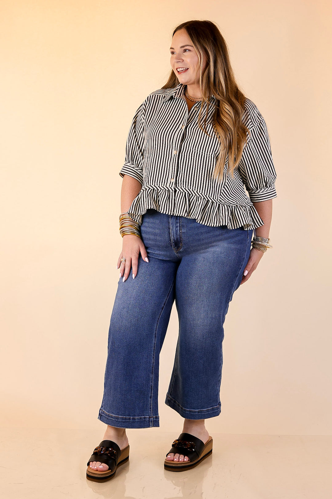 Style Agenda Striped Button Down Collared Top with Ruffle Peplum in Black