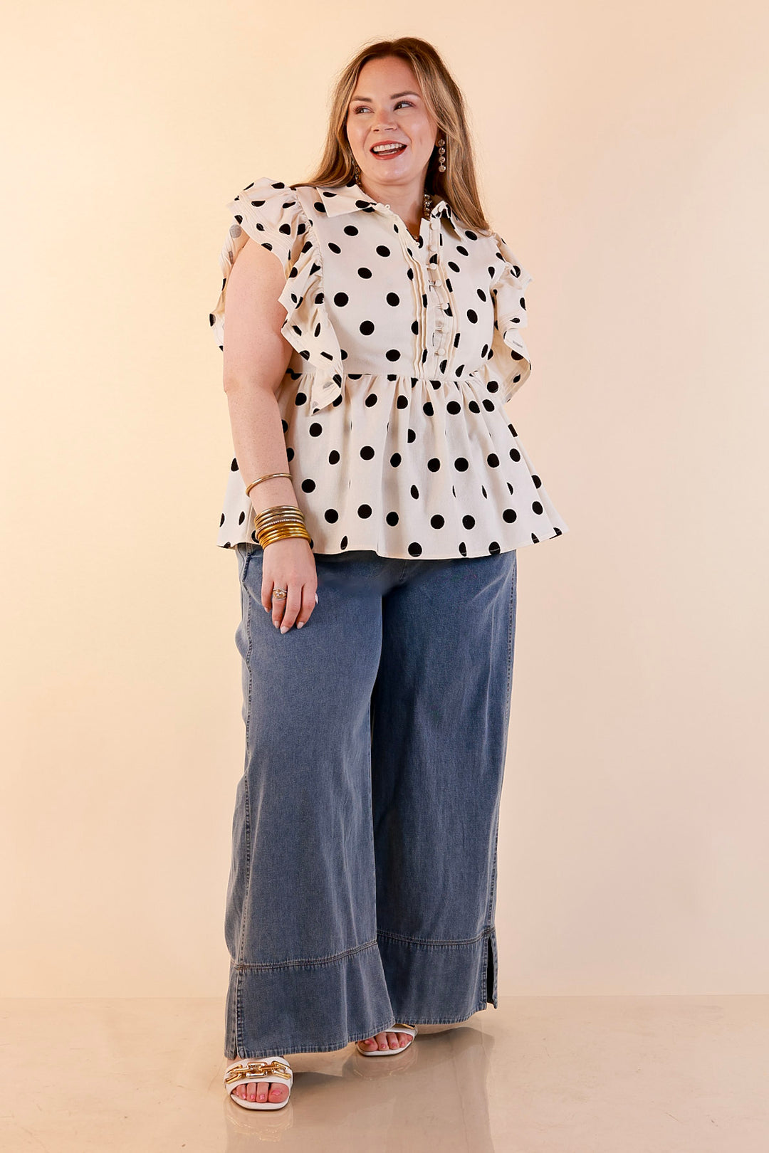 Spot on Style Ruffle Cap Sleeve Button Front Peplum Top with Black Polka Dot Print in Cream