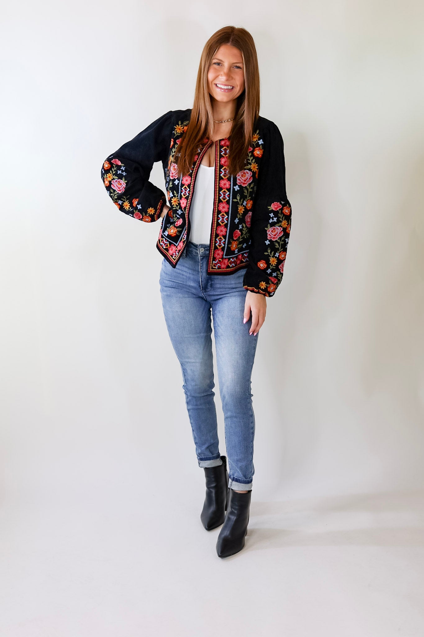 More To Say Corduroy Floral Embroidered Jacket in Black - Giddy Up Glamour Boutique