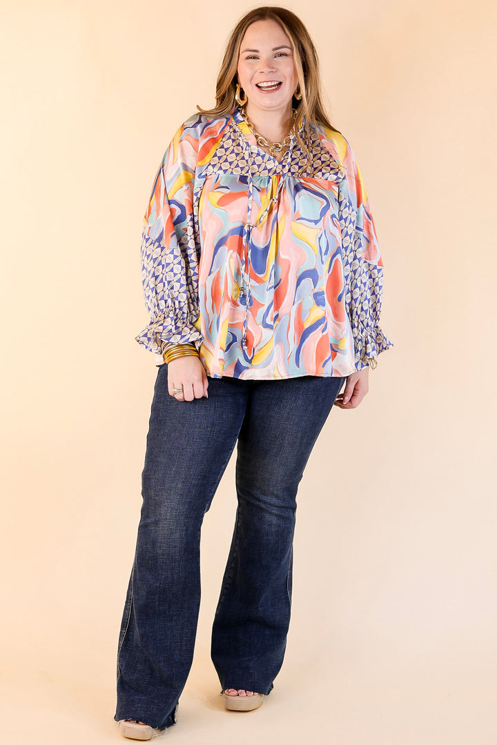 Keen On You Mix Print Blouse with Keyhole and Tie Neckline in Blue Mix