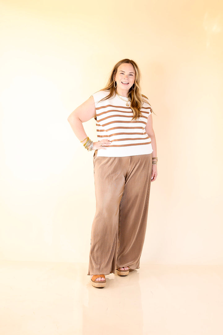 Stripe Things Up Drop Shoulder Knit Sweater in White with Tan Stripes