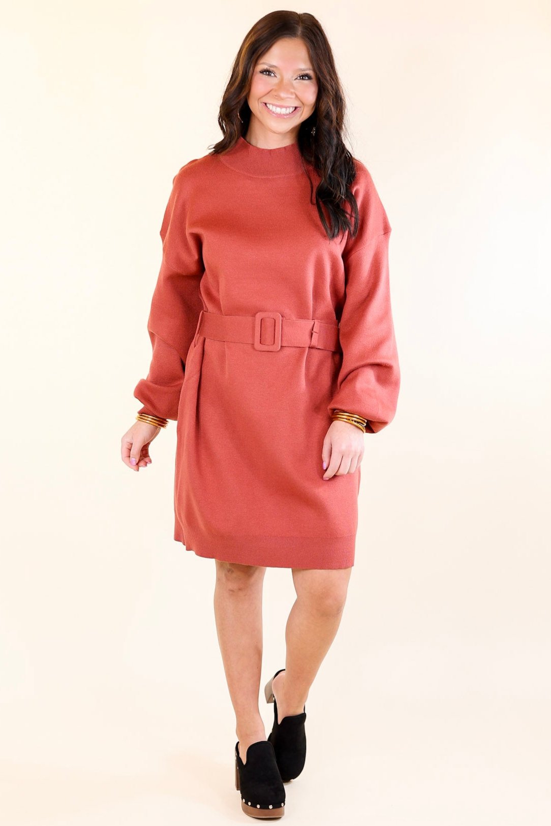 Luxurious Life Sweater Dress with Belt in Rust Red