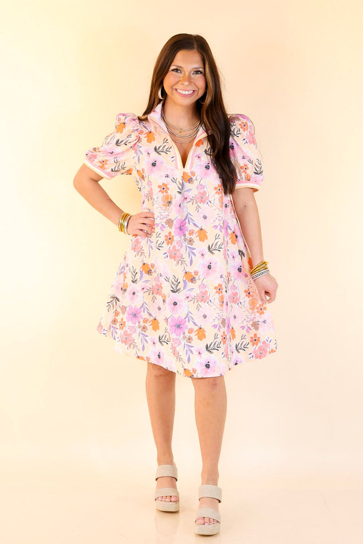 Lovely as Ever V Neck Floral Print Dress in Pink, Coral Orange and Purple Mix