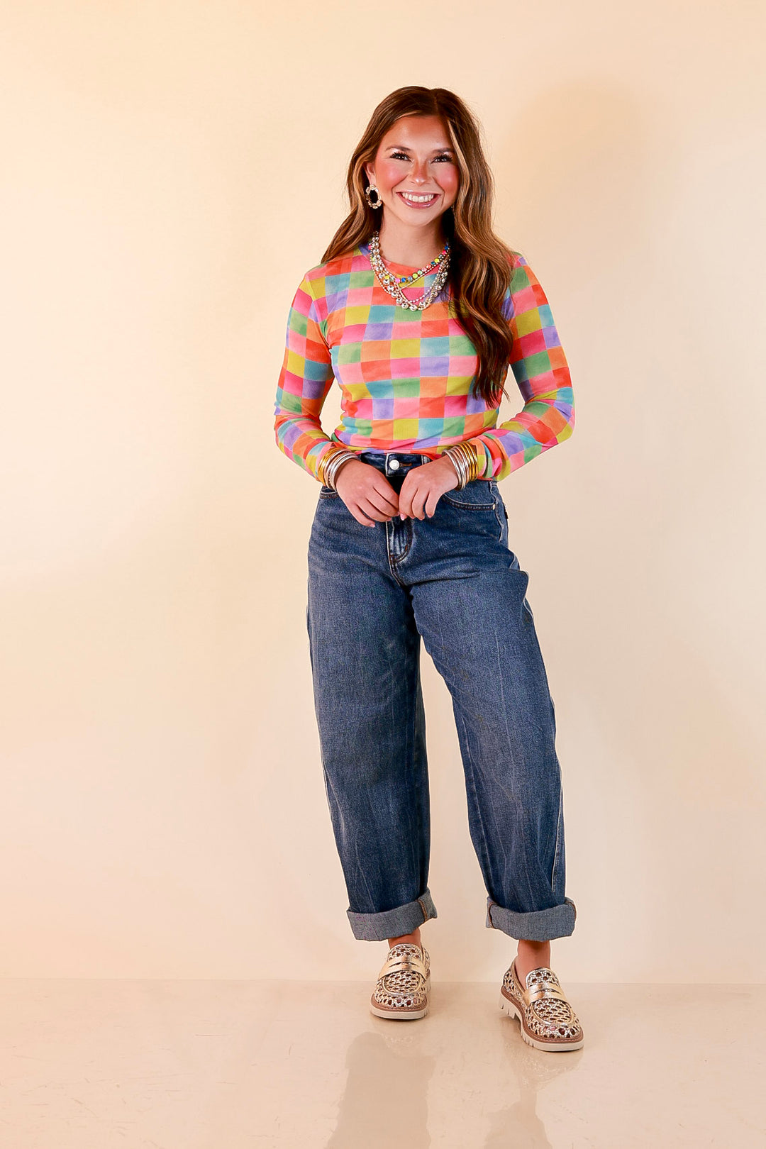 The Essential Layer Watercolor Checkered Print Sheer Mesh Long Sleeve Top in Multicolor