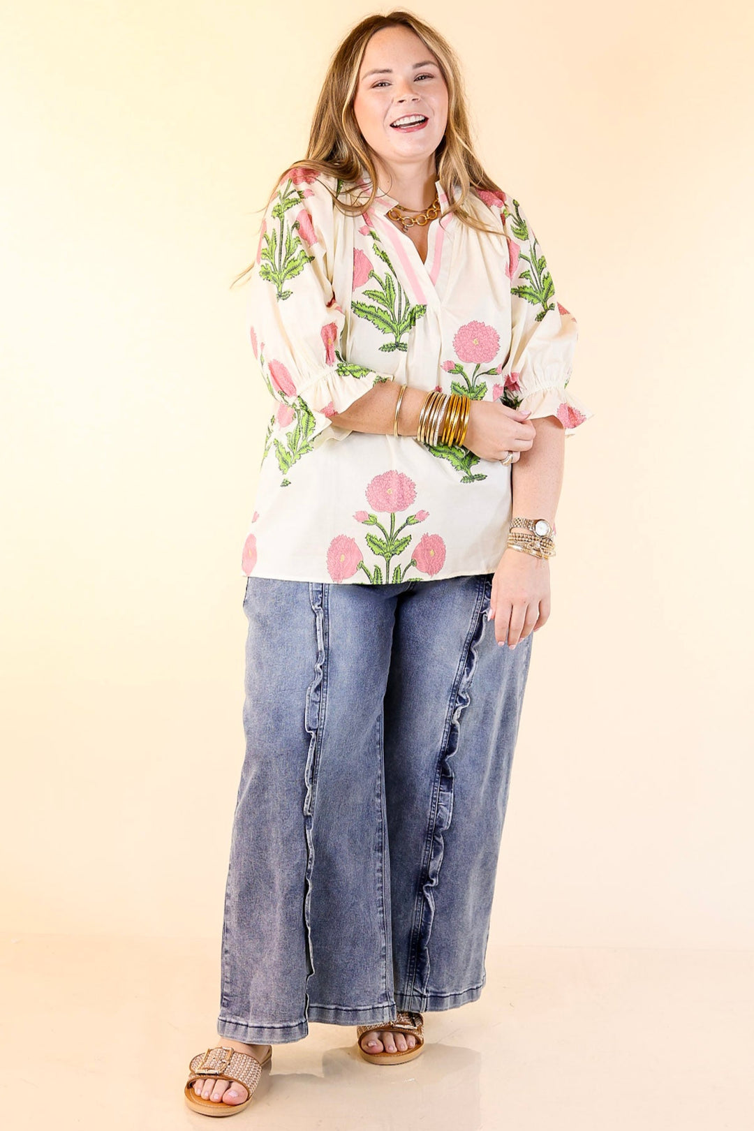 Polished in Petals Floral Print Blouse with Ruffle Sleeves in Cream