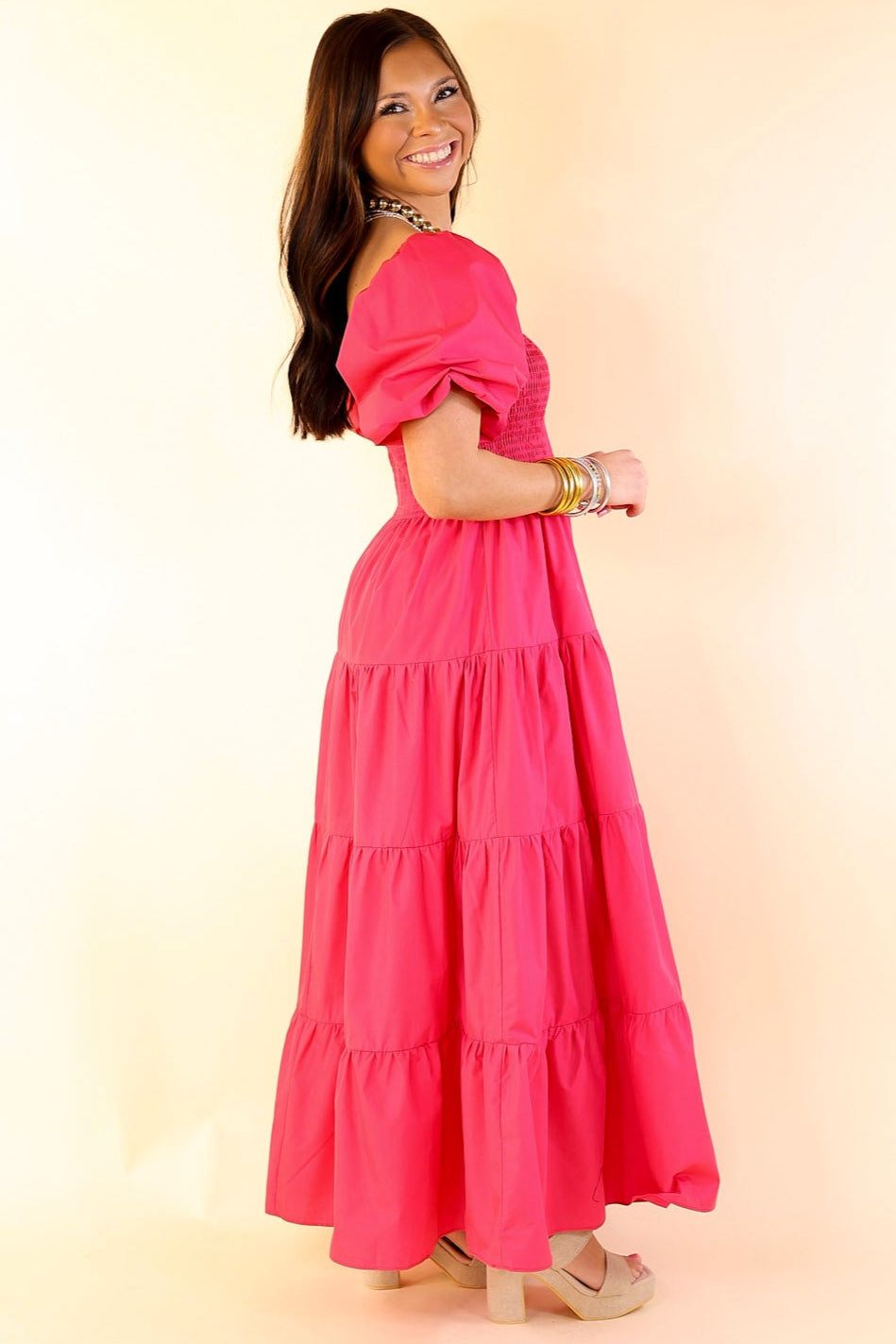 Santorini Sunshine Short Balloon Sleeve Maxi Dress in Fuchsia Pink