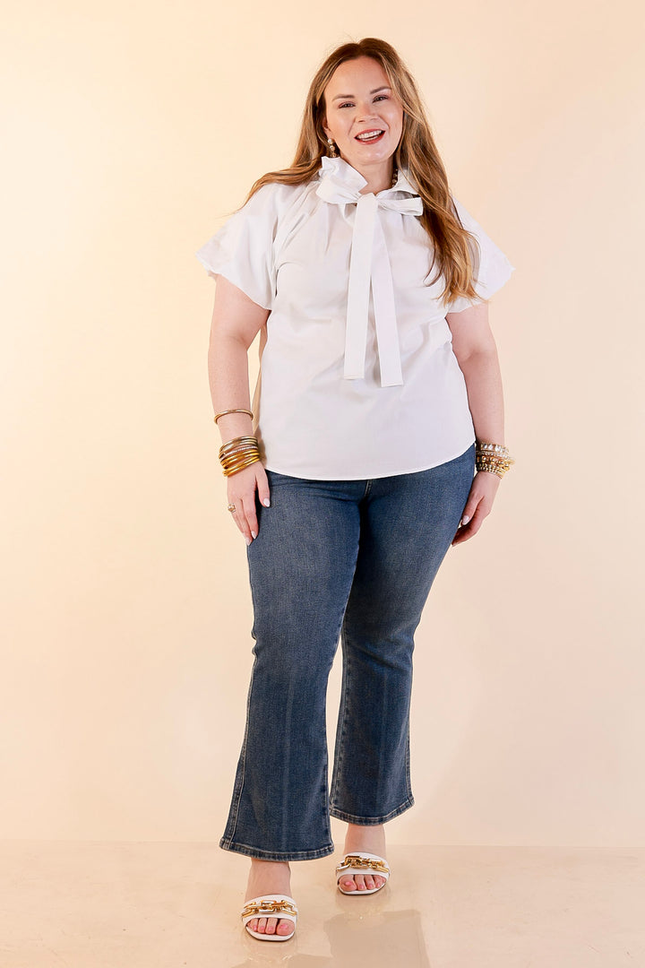 Make It Memorable Short Puff Sleeve Tie Neck Blouse with Gathered Neckline in White