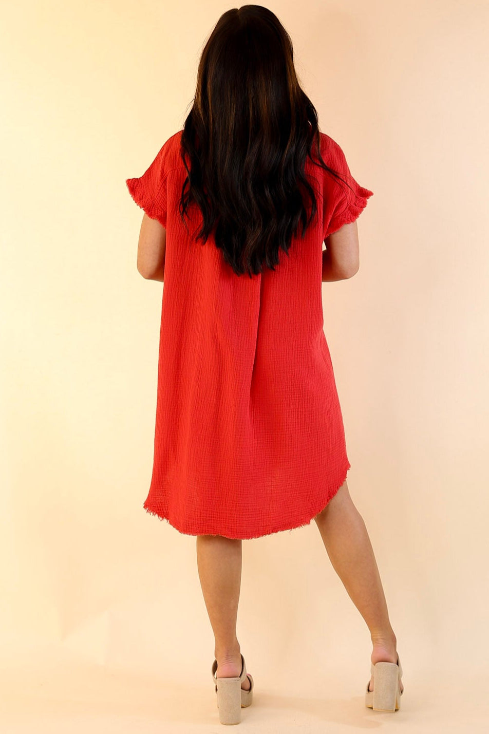 Spring Glow Button Up Raw Hem Dress in Red
