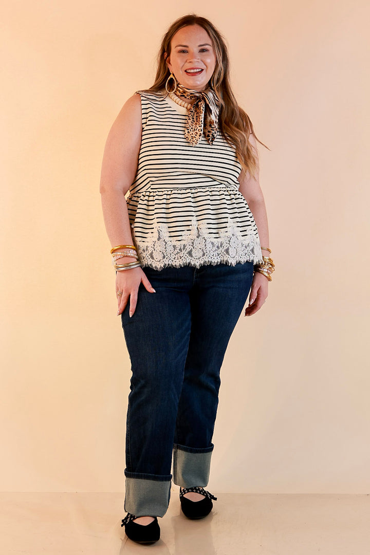 Sweet on Style Striped Peplum Sleeveless Tank Top with Lace Trim Detailing in Ivory and Black