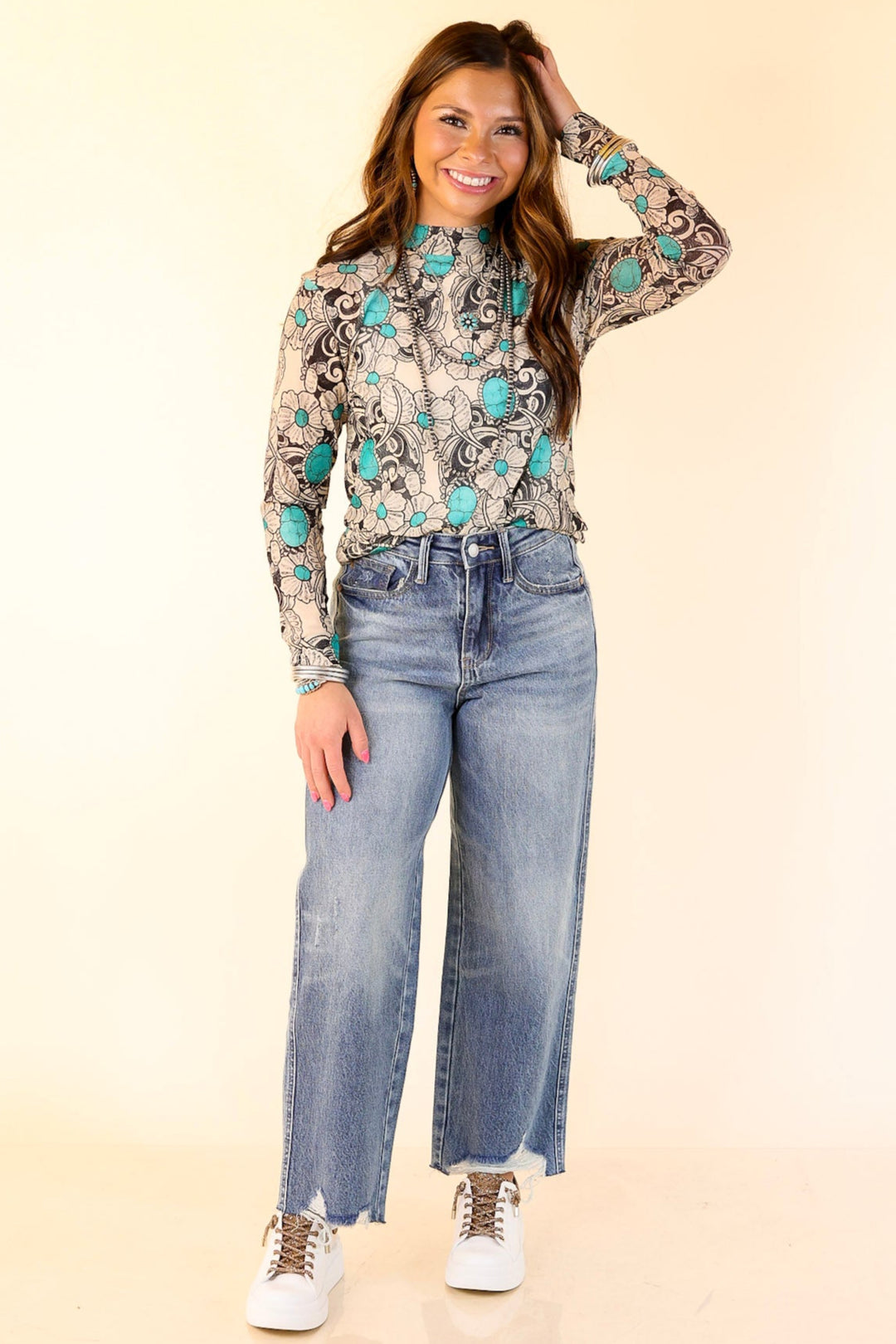 Twisted Turquoise Leather Tooling and Turquoise Stone Mesh Top in Cream