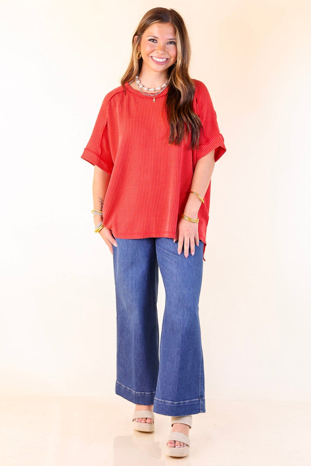 Daily Perfection Scoop Neck Short Sleeve Ribbed Top in Red