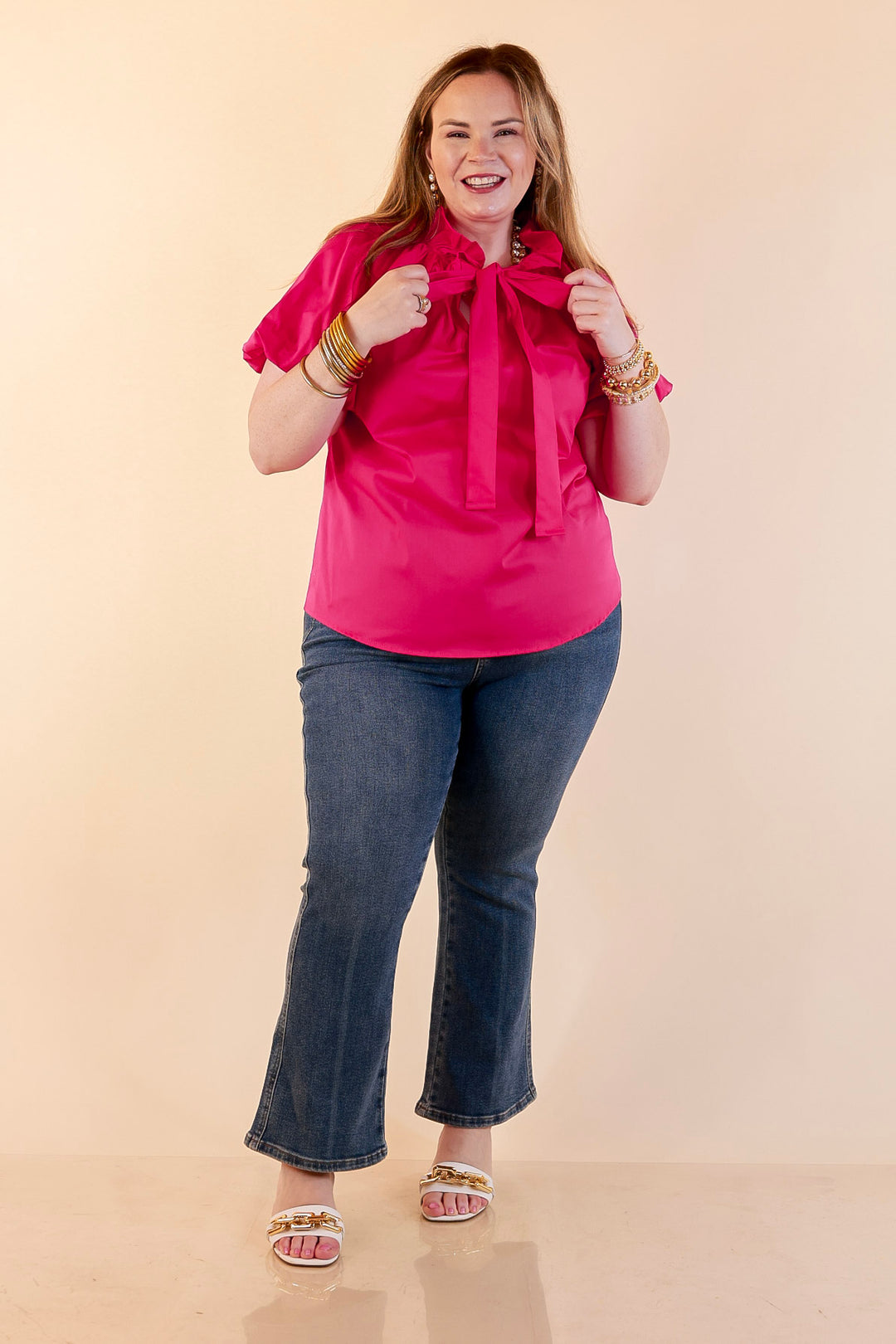 Make It Memorable Short Puff Sleeve Tie Neck Blouse with Gathered Neckline in Fuchsia Pink