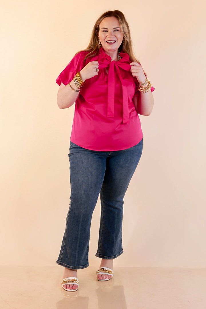 Make It Memorable Short Puff Sleeve Tie Neck Blouse with Gathered Neckline in Fuchsia Pink