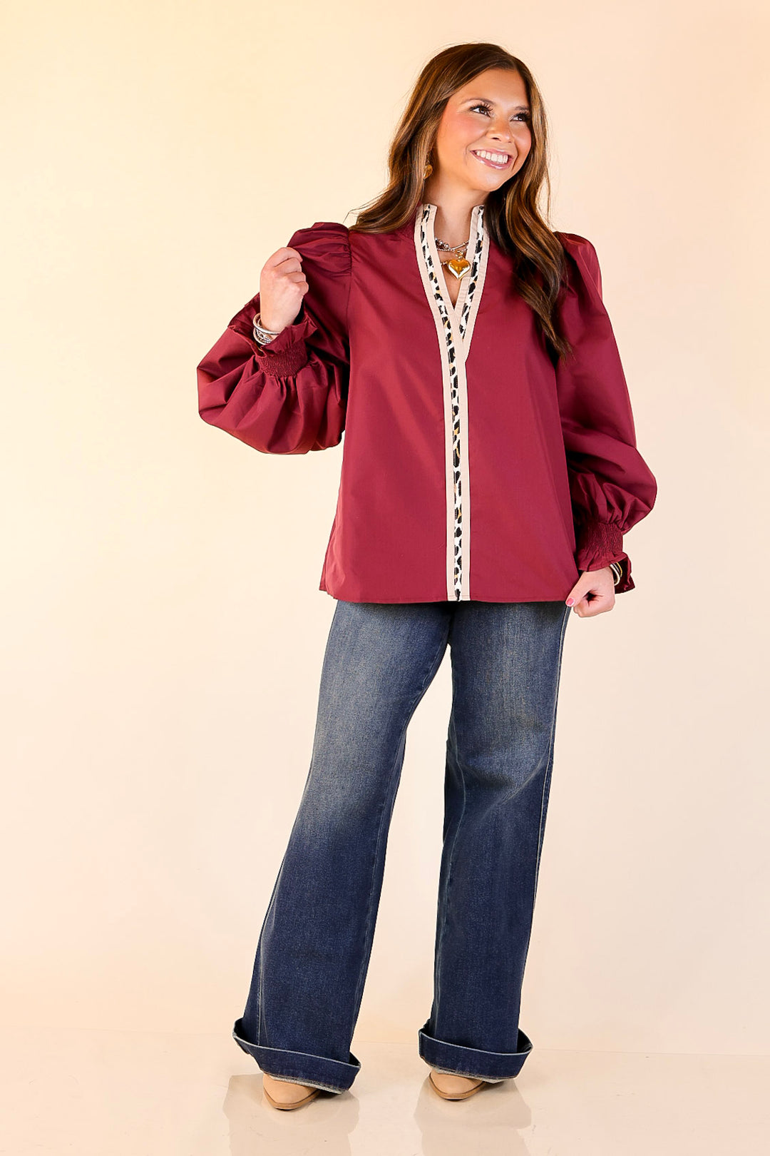 Trimmed in Style Puff Long Sleeve Blouse with Contrast Leopard Trim and Ruffle in Maroon