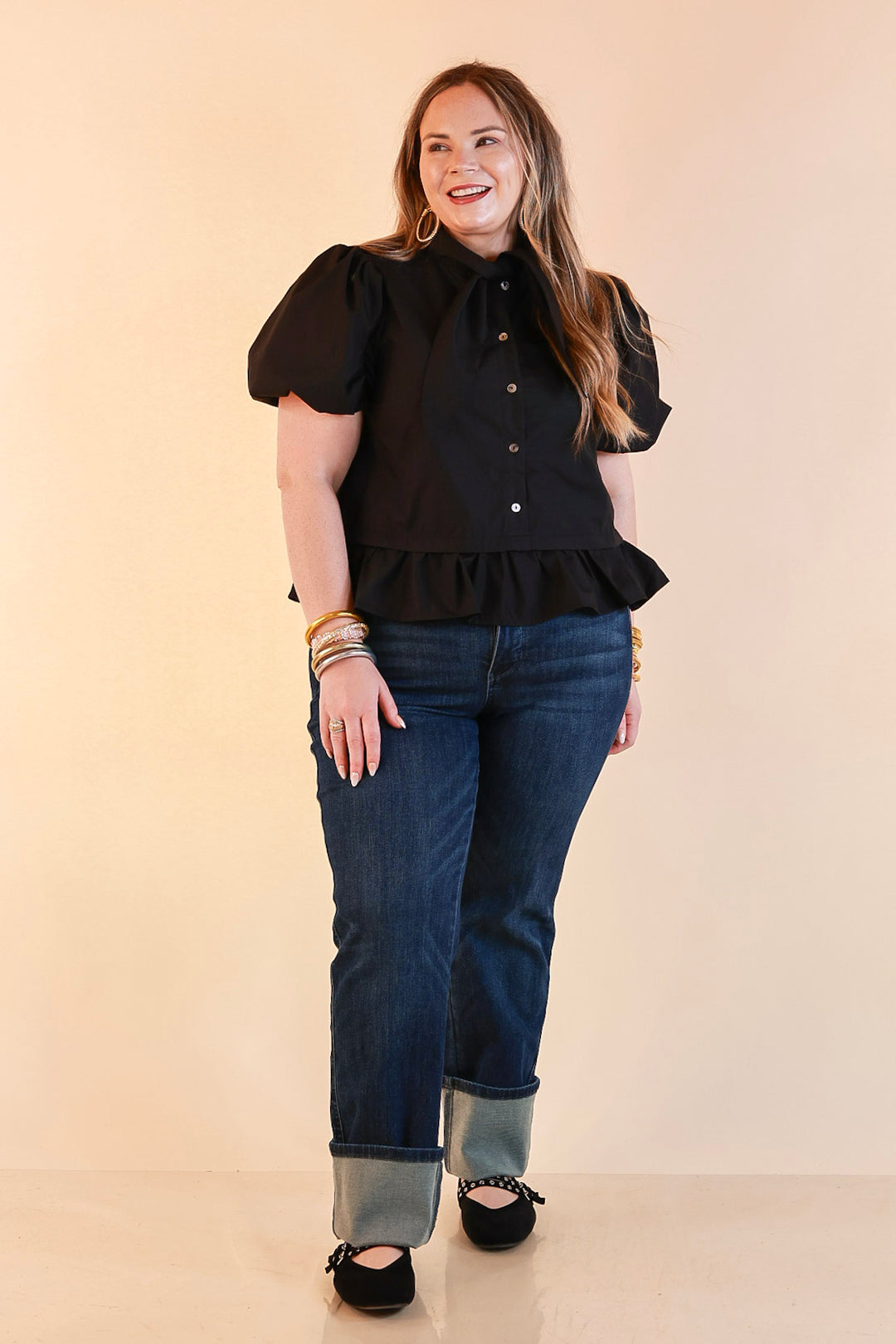 Present Company Solid Button Down Peplum Bubble Sleeve Tie Collar Top in Black