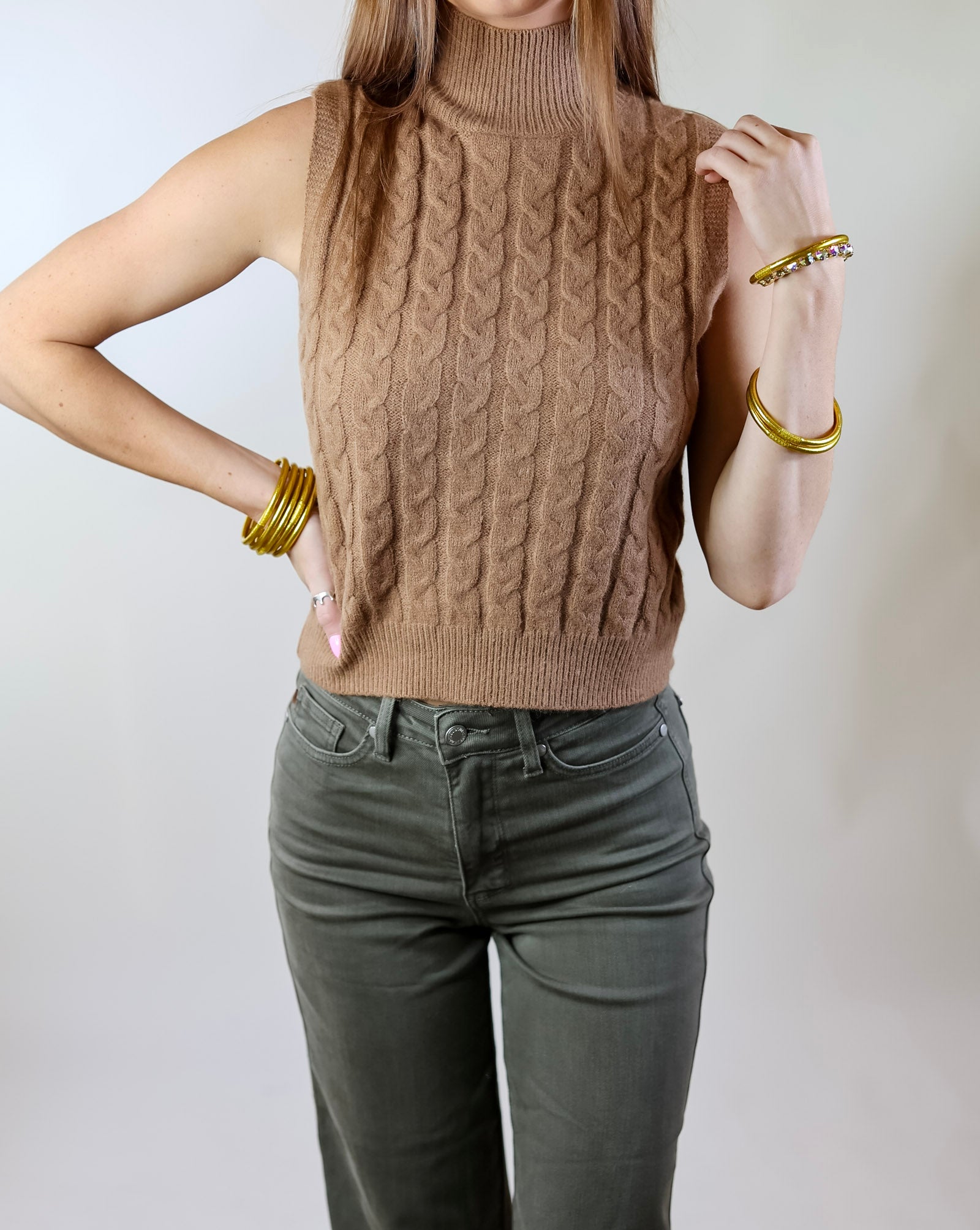 Cider Sips Cropped Sweater Tank Top with High Neck in Camel Brown - Giddy Up Glamour Boutique