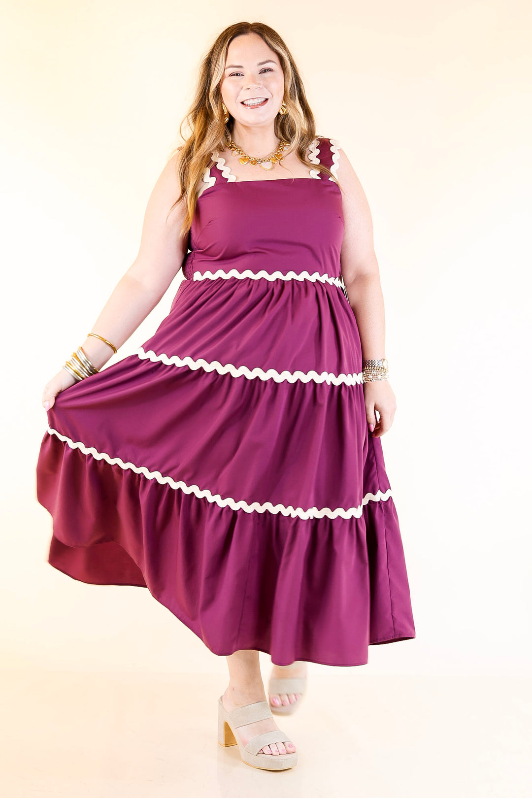 Timeless Twirl Midi Dress with Rickrack Detailing in Plum Maroon