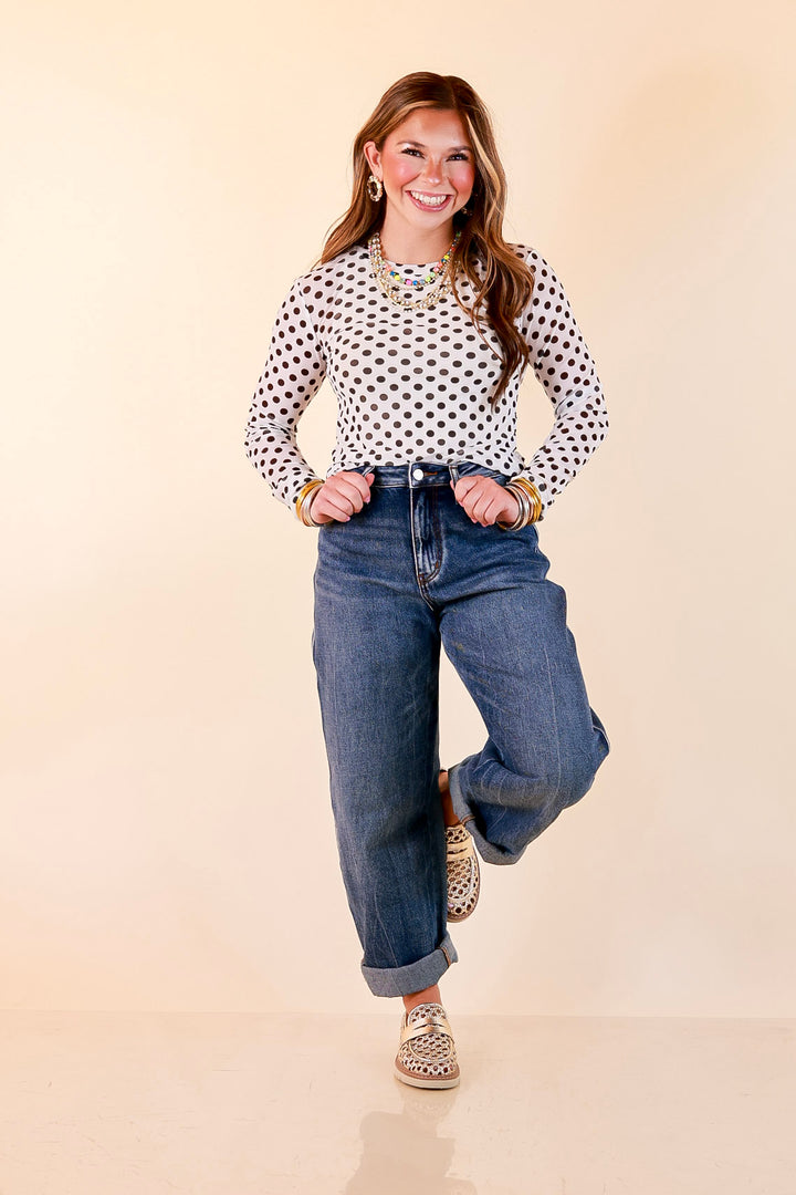 The Essential Layer Black Polka Dot Print Sheer Mesh Long Sleeve Top in White