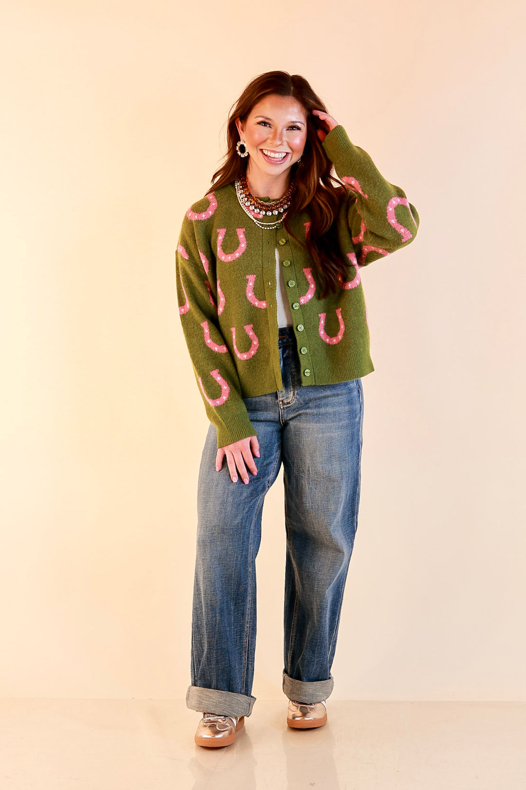 Lucky in Love Horseshoe Print Button Front Cardigan Sweater in Olive Green and Pink