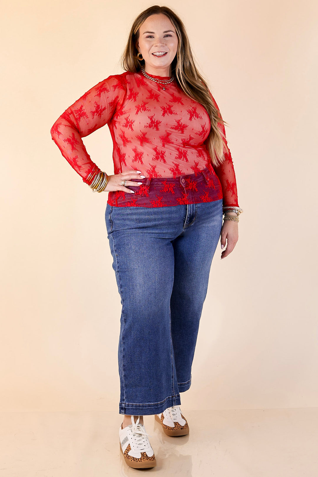 Daringly Delicate Sheer Mock Neck Long Sleeve Lace Top in Red