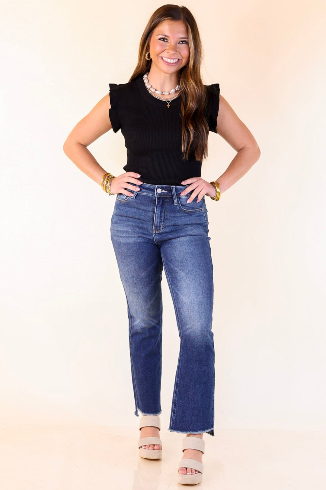 Flirty Frill Scoop Neck Top with Ruffle Sleeves in Black