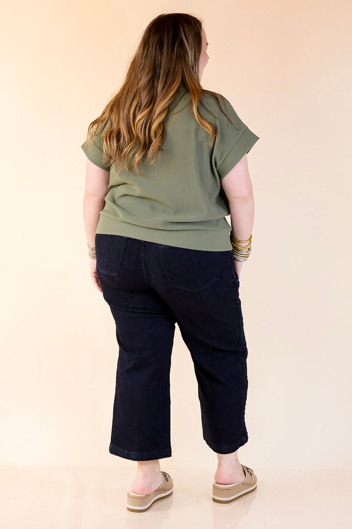 Top Priority Half Zip Collared Ribbed Top in Olive Green