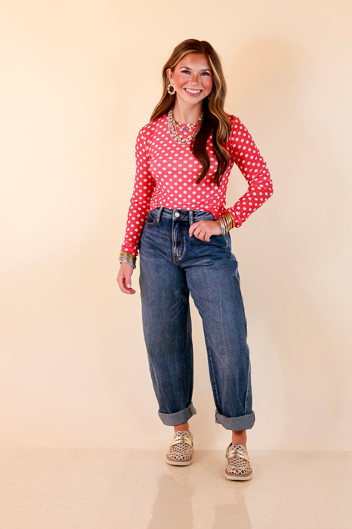 The Essential Layer White Polka Dot Print Sheer Mesh Long Sleeve Top in Hot Pink