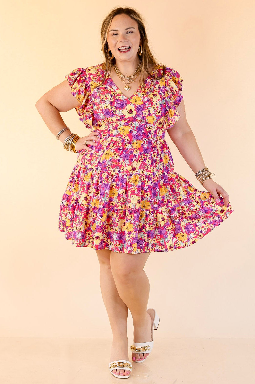 Blooming Beauty Floral V Neck Dress with Ruffle Cap Sleeves in Pink