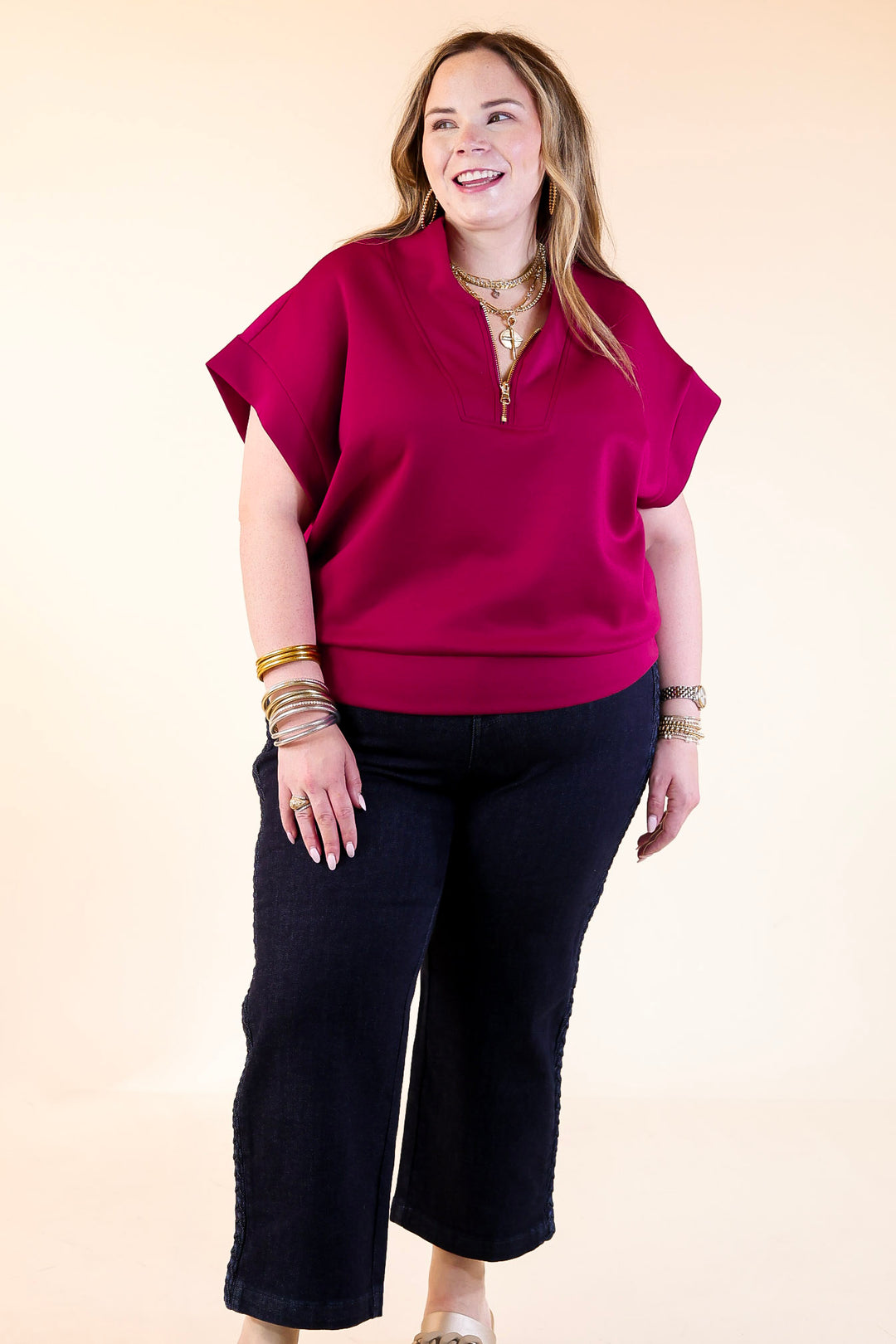 Top Priority Half Zip Collared Scuba Top in Maroon