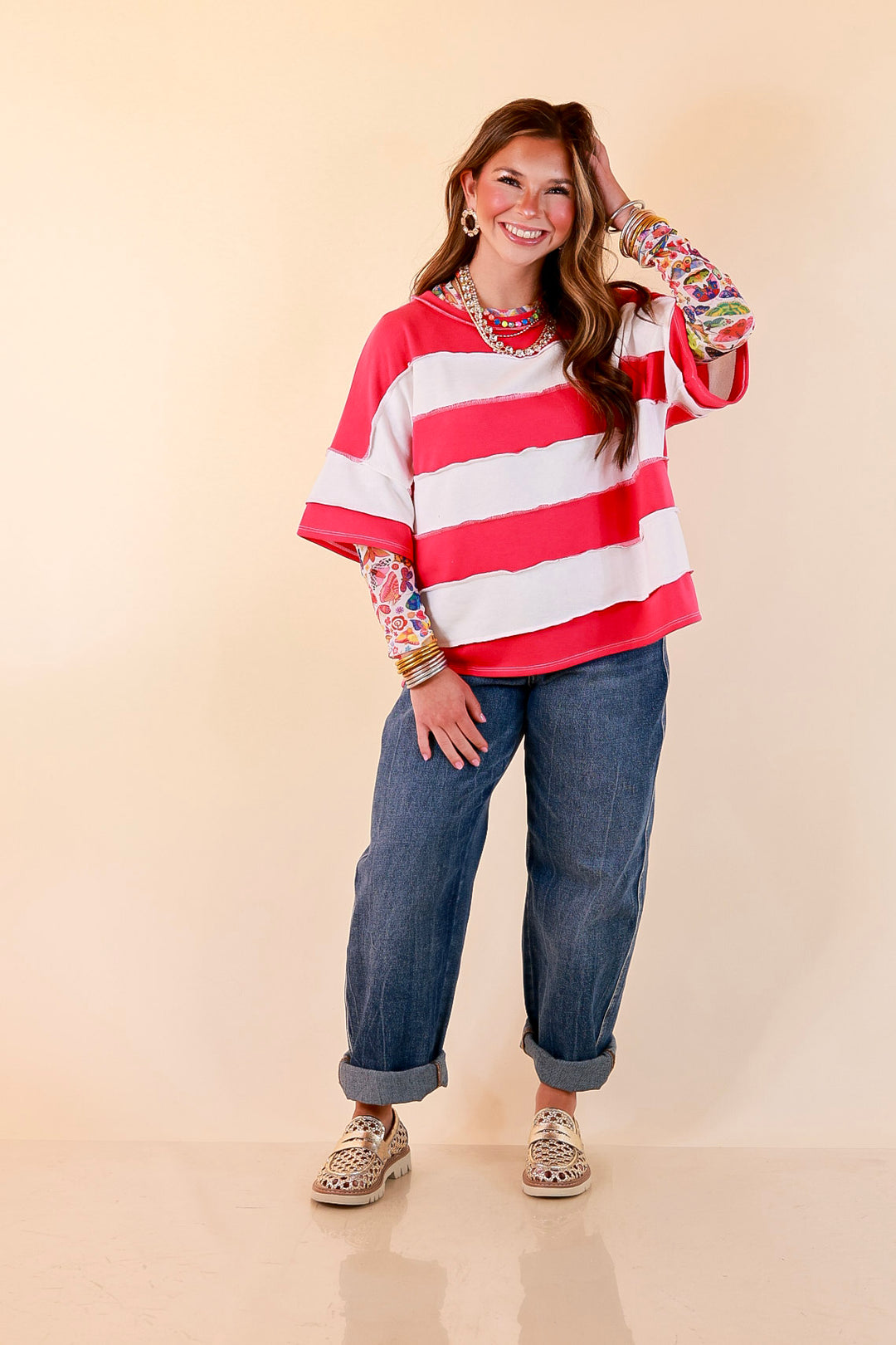 Simply Styled Color Block Rugby Style Relaxed Short Sleeve Top in Hot Pink