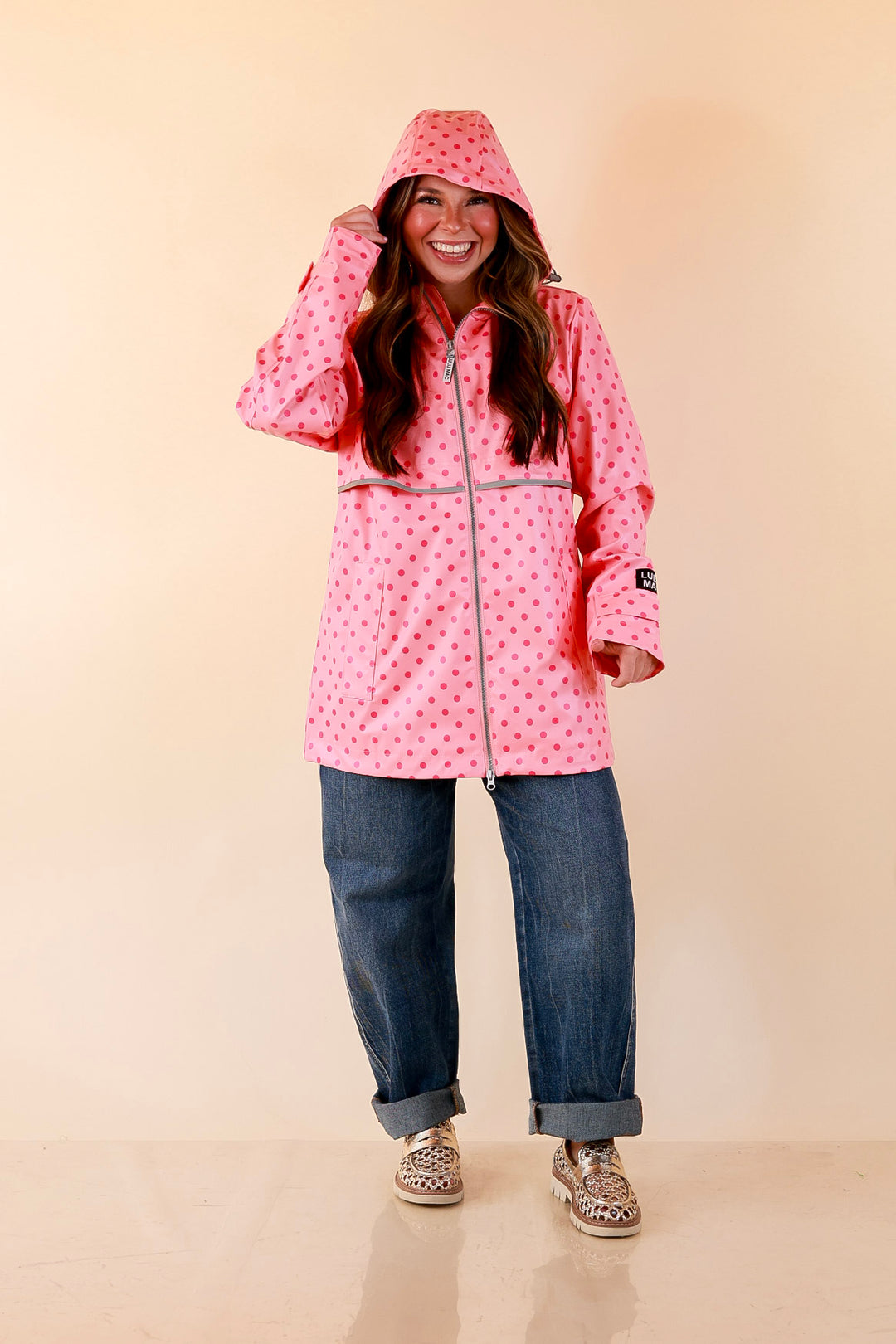 Lulu Mac | Chic Forecast Polka Dot Hooded Rain Jacket in Pink