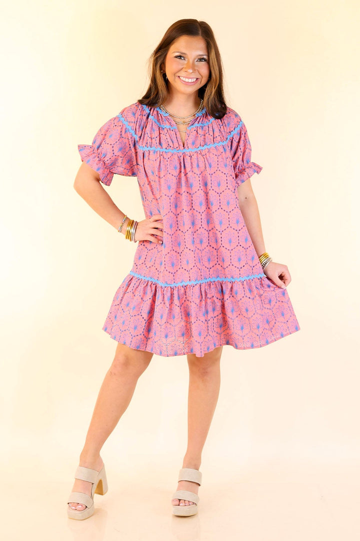 Sweet & Sassy Puff Sleeve Blue Embroidered Eyelet A-Line Dress in Pink