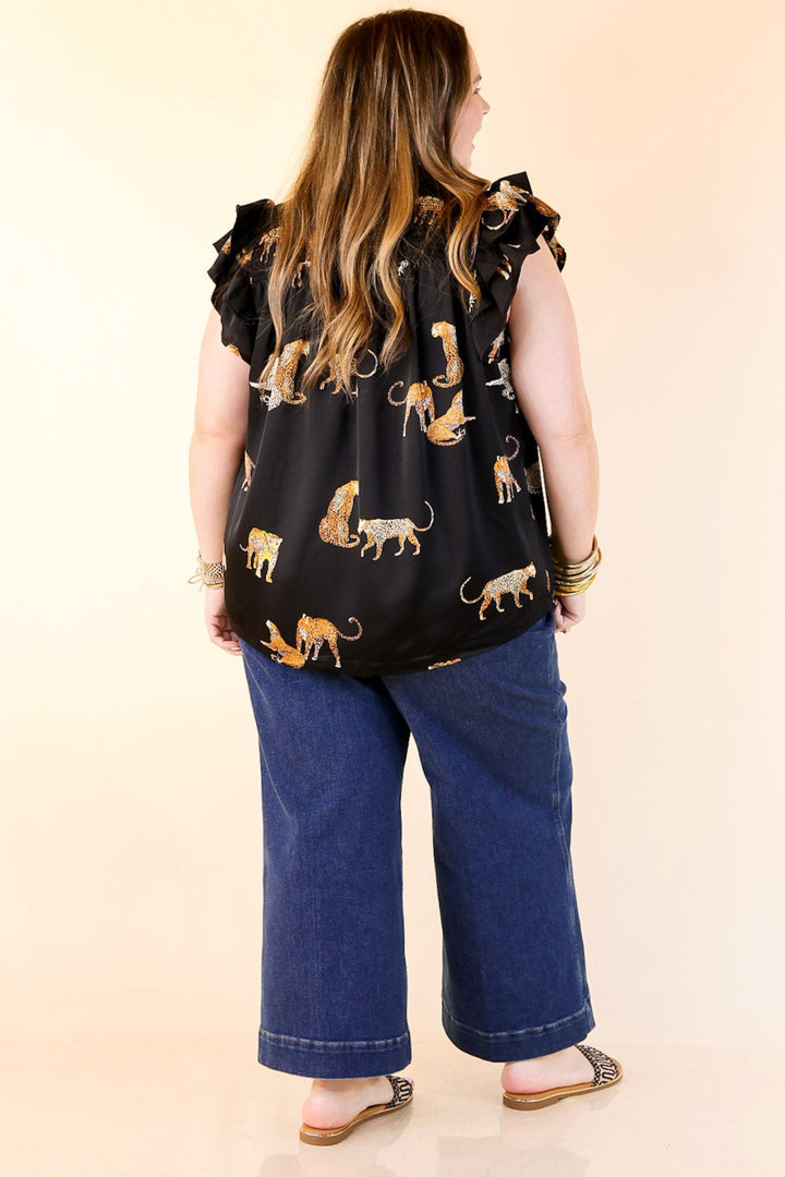 Wildly Sweet Leopard Print Blouse with Smoked Yoke and Ruffle Sleeves in Black
