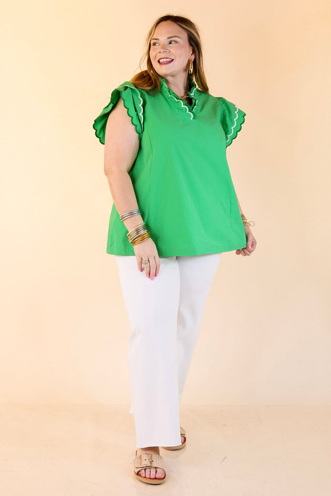 Sweet Pea Ruffle Collared Short Sleeve Shirt in Green