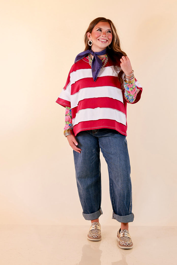 Simply Styled Color Block Rugby Style Relaxed Short Sleeve Top in Magenta Purple
