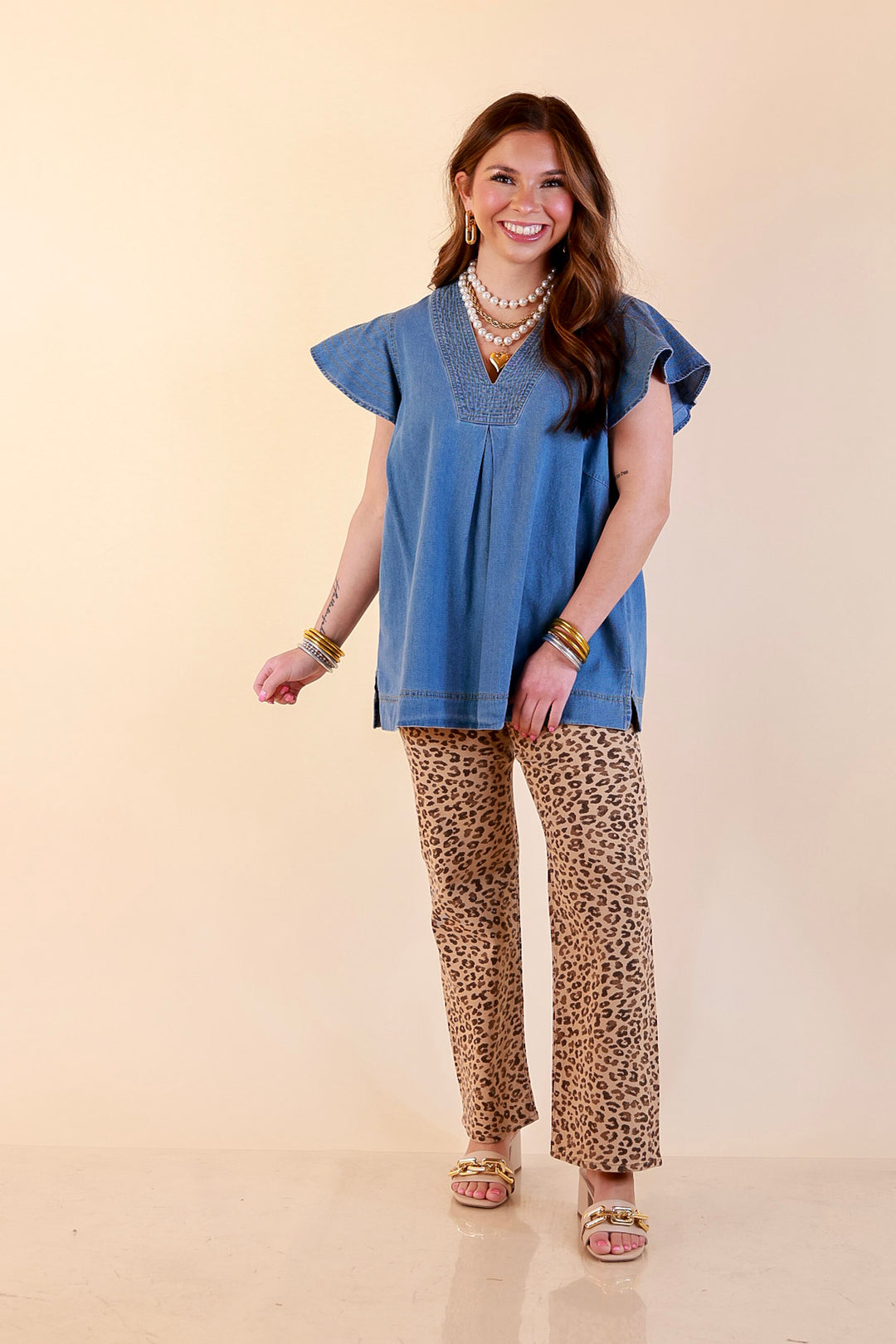 Clean and Collected V Neck Denim Top with Stitch Detail and Drop Shoulder Cap Sleeve in Medium Wash