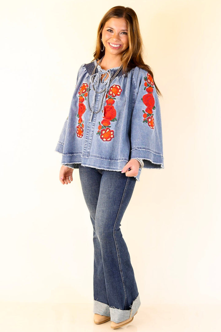 Rodeo Quincy | Tia Carmen Flowy Denim Blouse with Red Rose Embroidery