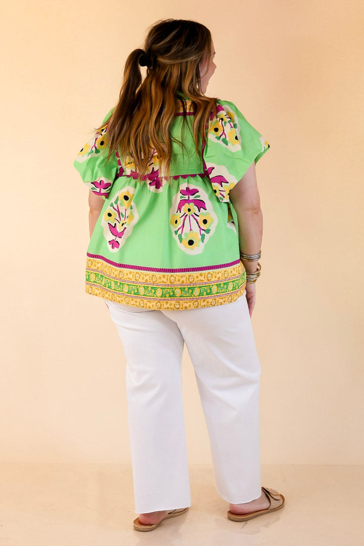 Floral Blush Short Sleeve Floral Shirt With Purple Rickrack in Green