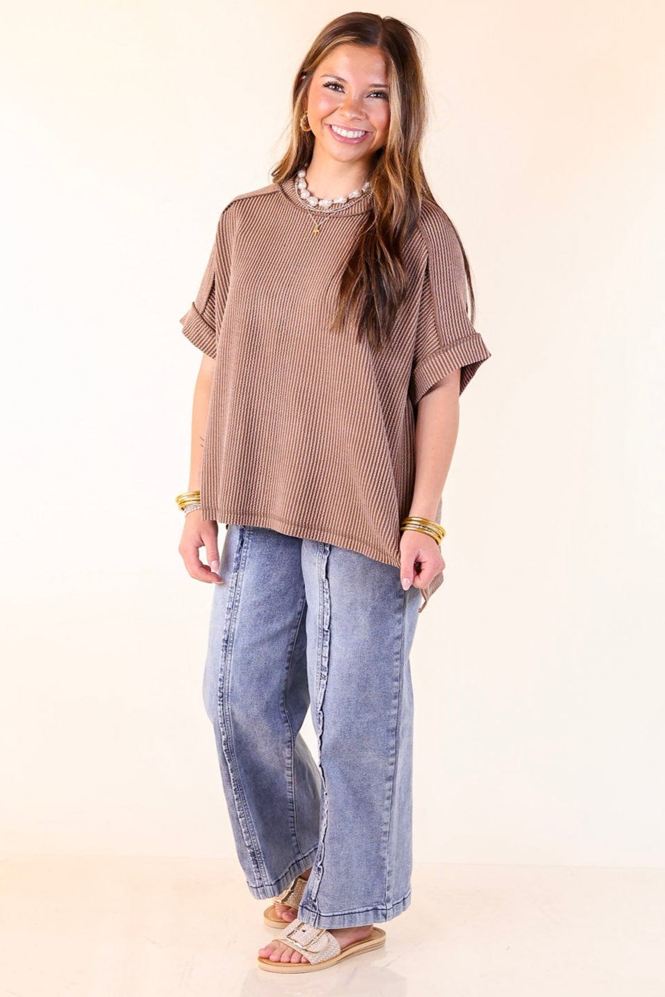 Daily Perfection Scoop Neck Short Sleeve Ribbed Top in Brown