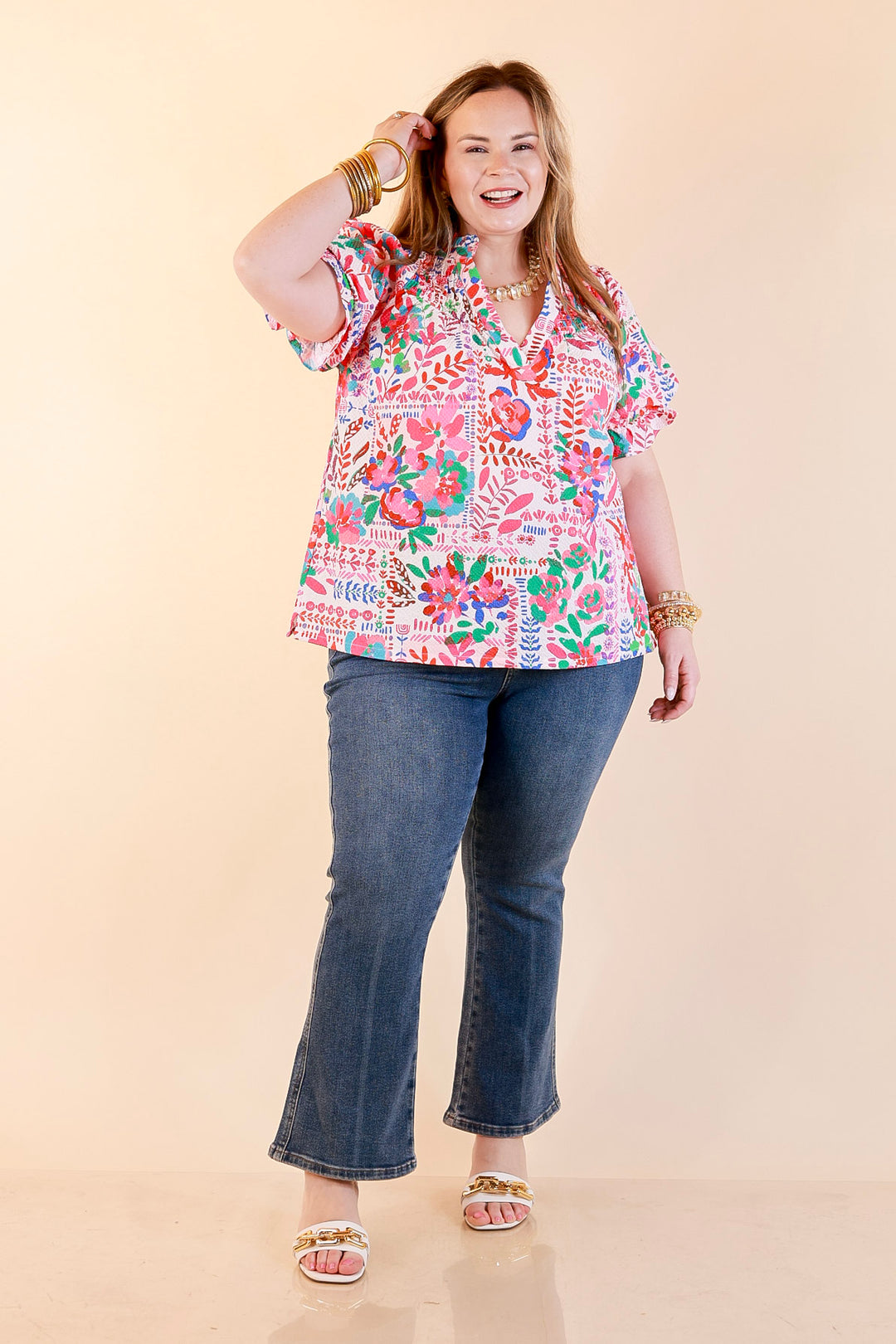 Blooming Grace Floral Print Top with Split Neckline and Puff Sleeves in Blush Mix