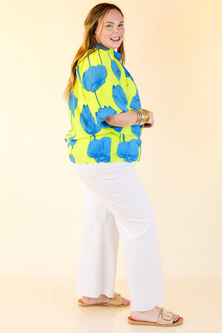 Puff & Petal V-Neck Blue Flower Print with Collar in Lime Green